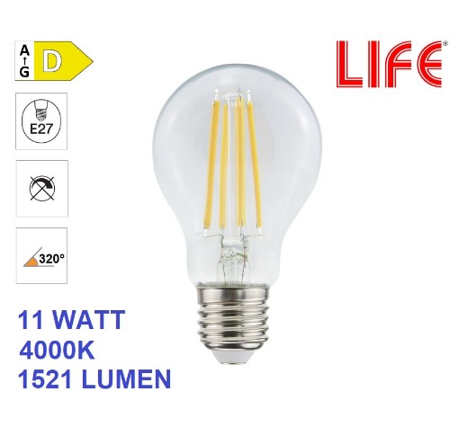 Immagine di Lampadina LED E27 Goccia Vetro 11W 4000K Luce Naturale 320° Life Electronics