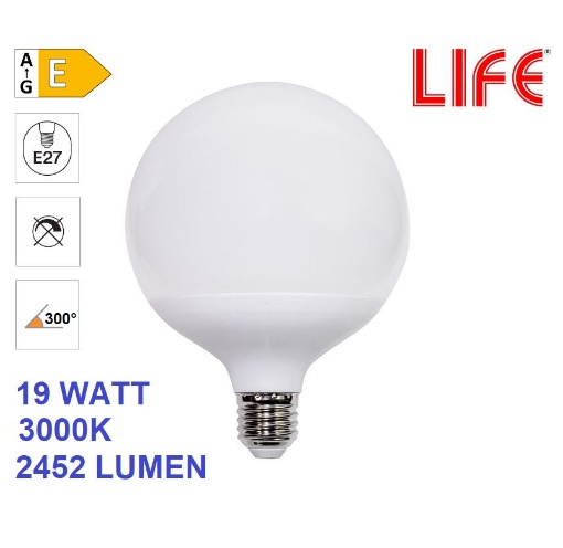 Immagine di Lampadina LED Globo G120 Sfera Grande E27 19W 3000K Luce Calda 300° Life