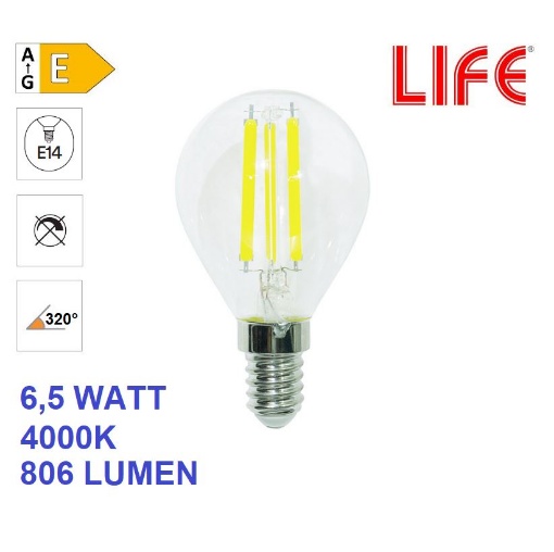 Immagine di Lampadina LED E14 Vetro Trasparente 6.5W 4000K Luce Naturale Life Electronics