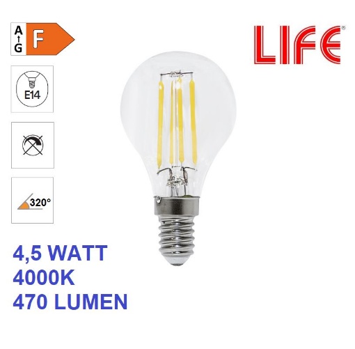 Immagine di Lampadina E14 Filamento Vetro LED 4.5W 4000K Luce Naturale Life Electronics