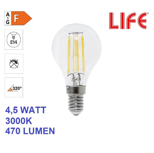 Immagine di Lampadina E14 Vetro Filamento LED 4.5W 3000K Luce Calda 470Lm Life Electronics