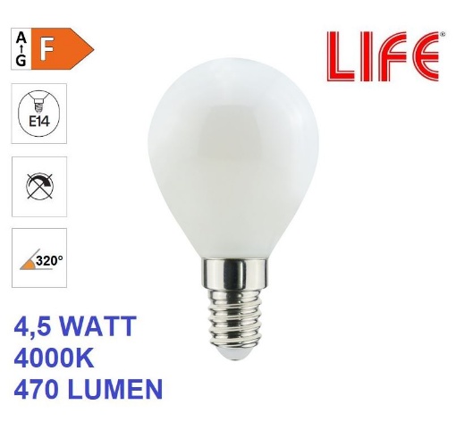 Immagine di Lampadina LED Vetro Bianco Milky E14 4.5W 4000K Luce Naturale Life Electronics