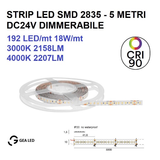 Immagine di Strip Led Dimmerabile 18W al Metro 24V CRI90 3000K 4000K GST171 Gea Led