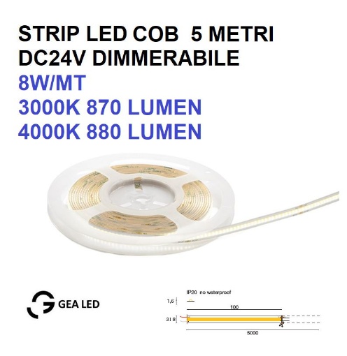 Immagine di Bobina Strip Led Cob 5 Metri Dimmerabile 8W/mt 320 LED/mt DC24V GST143 Gea Led