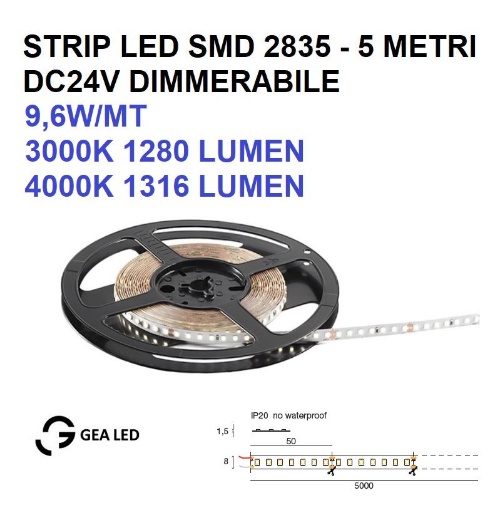 Immagine di Striscia Led SMD 2835 Dimmerabile 9,6W/mt 3000k 4000k 24V Bobina 5Mt GST120 Gea Led