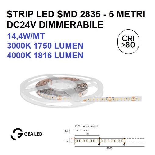 Immagine di Strip Led 24V Dimmerabile Bobina 5 Metri 14,4w/mt DC24V Per Interno GST161 Gea Led