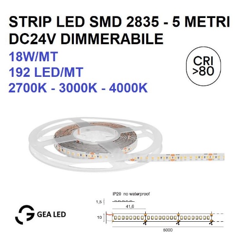 Immagine di Bobina Strip Led Smd Dimmerabile 5 Metri 18W Per Metro DC24V GST151 Gea Led