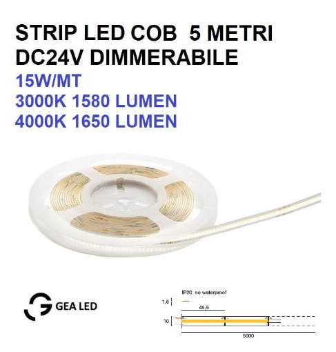 Immagine di Strip LED COB 5 Metri 24V 15W/Mt 528LED/Mt Dimmerabile 3000k 4000k GST144 Gea Led