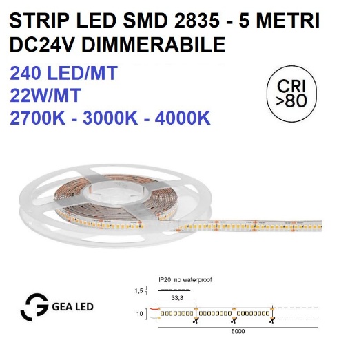 Immagine di Bobina 5Mt Strip Led SMD 24V Dimmerabile 22W Per Metro GST163 Gea Led