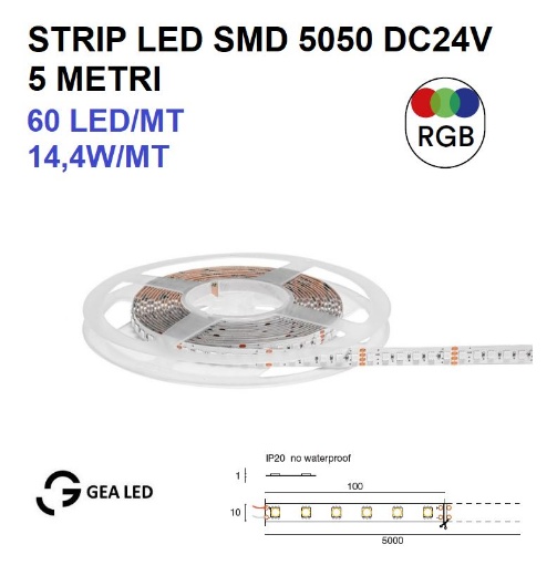 Immagine di Strip Led RGB 14,4W/m Bobina 5 Metri DC24V Per Interni GST062R Gea