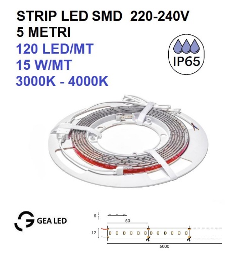 Immagine di Strip Led 220-240V Da Esterno Flessibile 5 Metri 15W/m Dimmerabile IP65 GST190 Gea Led