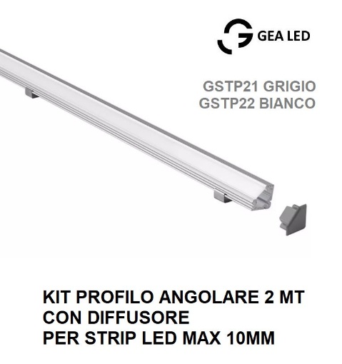 Immagine di Profilo Angolare Alluminio Grigio 2 Metri Per Strisce Led max 10mm GSTP21 GSTP22 Gea