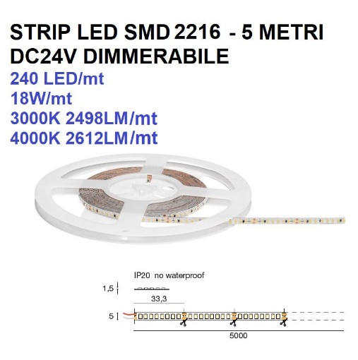 Immagine di Bobina 5Mt Strip Led 5mm Dimmerabile 18W/Mt 24DC Per Interni GST160 Gea Led