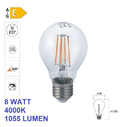 Immagine di Lampadina E27 Vetro Filamento Led 8W 4000k Luce Naturale 1055 Lumen 300°