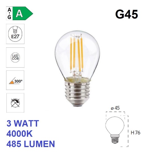 Immagine di Lampadina E27 G45 Mini Sfera Vetro Filamento Led 3W 4000k Luce Naturale 485 Lumen 300°