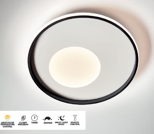 Immagine di Lampada Da Tetto Led CCT 57w Dimmerabile Rotonda Bianco Nero Con Telecomando Sintesi Smarter